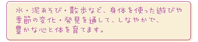 水・泥あそび・散歩など、身体を使った遊びや季節の変化・発見を通して、しなやかで、豊かな心と体を育てます。
