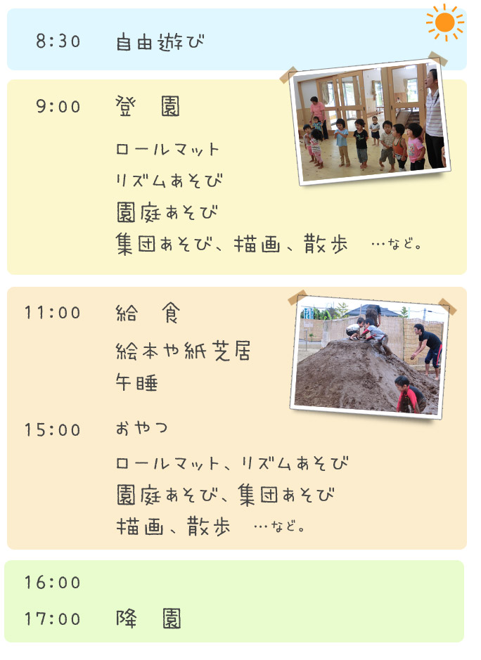 8：30～9：00　登園　ロールマット、リズム遊び、園庭、集団あそび、描画、散歩　など　11：00～給食　絵本や紙芝居をみる　午睡　15：00～おやつ　ロールマット、リズム等　17：00～降園