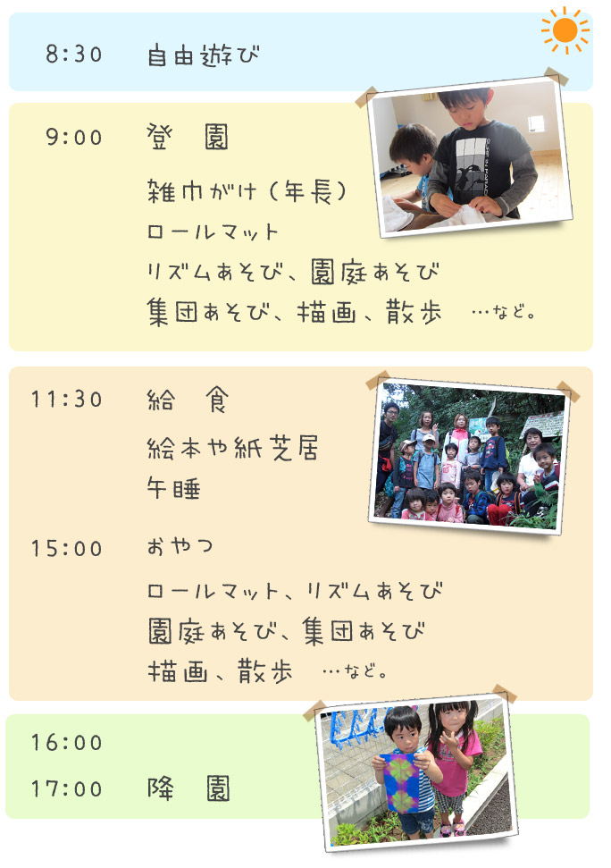 8：30～9：00　登園　雑巾がけ（年長）　ロールマット、リズム遊び、園庭、集団あそび、描画、散歩　など　11：00～給食　絵本や紙芝居をみる　午睡　15：00～おやつ　ロールマット、リズム等　17：00～降園